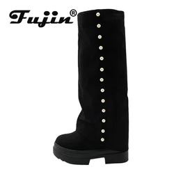 Fujin 10cm Denim Synthetic Platform Wedge Ankle Knee High Autumn Booties Fashion Round Toe Leisure Spring Women Ladies Shoes