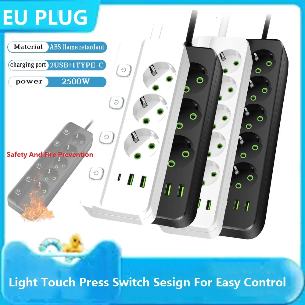 EU Plug Electrical Socket 3/5 AC Outlets 2 USB Ports 1 Type C Socket Adapter 2M Power Strip Safety and Fire Prevention For Home