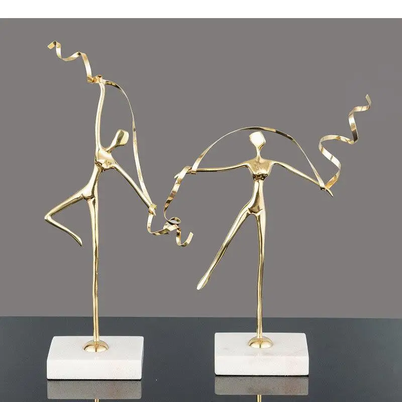 Ribbon Gymnast Figures Statue Marble Base Ornaments Desk Decoration Golden Brass Ballet Dancer Abstract Character Sculpture