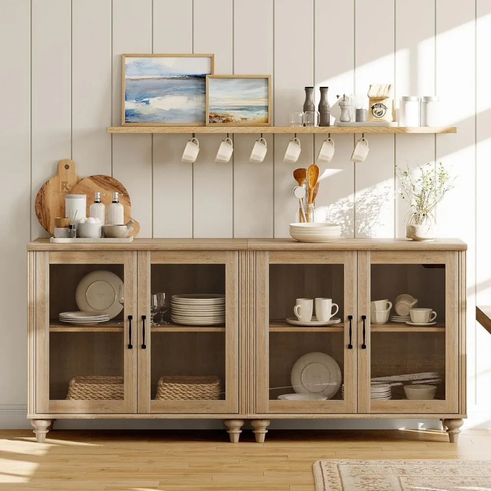 

Sideboard Buffet Cabinets with 4-Glass Door, Kitchen Storage Cabinets, Wood Coffee Bar Tables with Adjustable Shelf