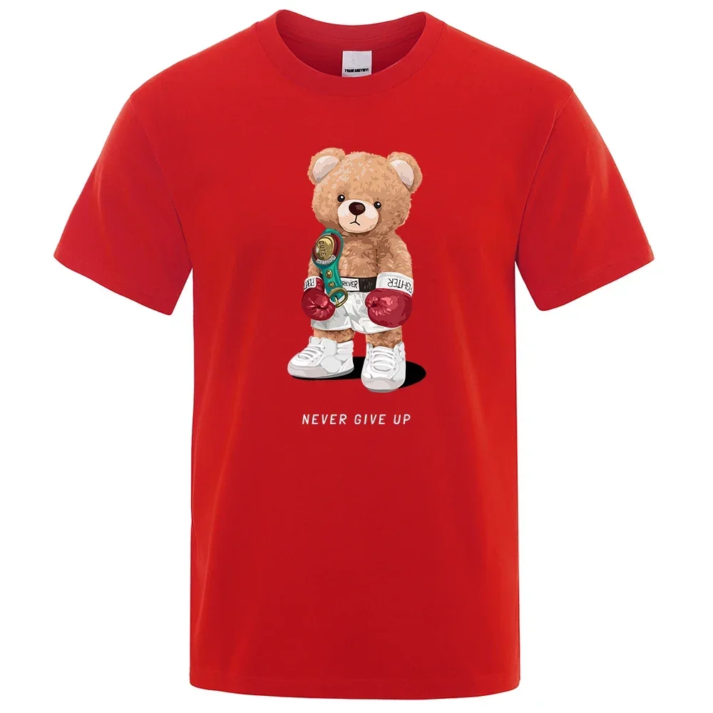 Strong Boxer Teddy Bear Never Give Up Print divertente t-shirt uomo cotone Casual maniche corte allentato Oversize XS-XXXL Tee abbigliamento