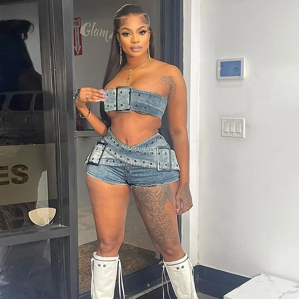 Chic Buckle Denim Crop Top And Matching Shorts Set Women Shorts Jeans Two-Piece Outfits Clubwear 2024 Summer Lolita Y2K Clothes