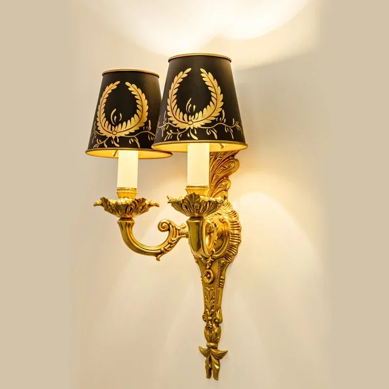 Retro French Style Wall Hanging Lamps with 2 Led Lights Copper Lampshade Classical Unique Wall Sconce Light Brass Antique Bronze