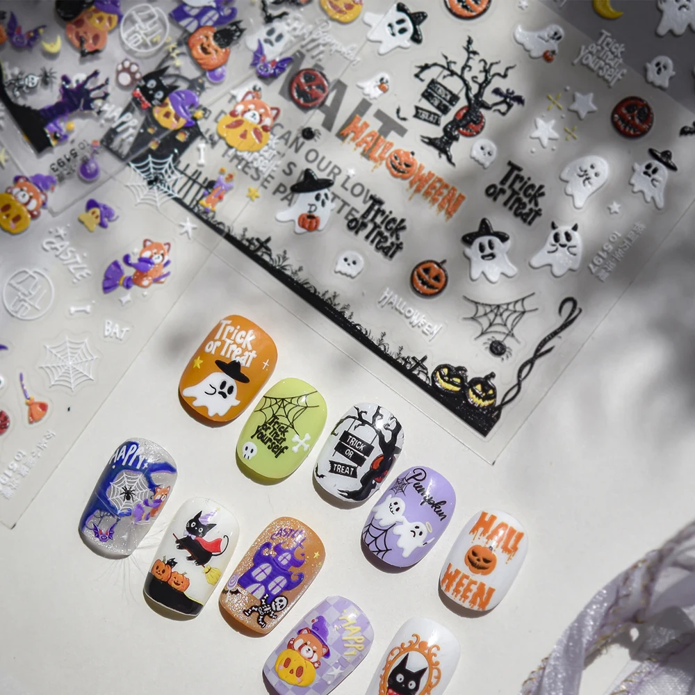 Süße gruselige Hexe, schwarze Katze, Spukhaus, Spinnennetz, Fledermäuse, Kürbis, Lutscher, Halloween, 5D-Nagelkunst-Aufkleber, selbstklebender Maniküre-Aufkleber