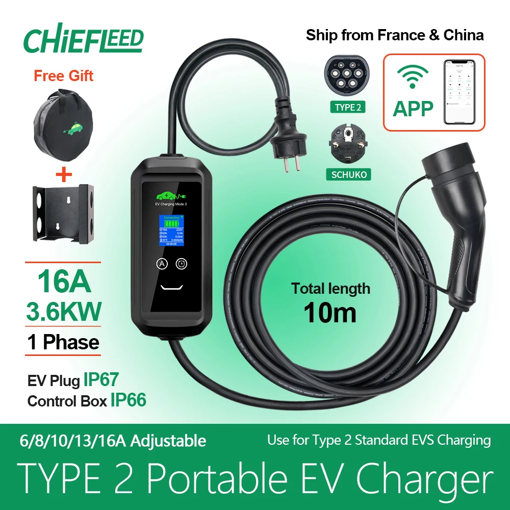 Chiefleed EV Charger Type 2 16A 3.6KW Portable Charging Wallbox Tuya APP Control Timer Electric Vehicle Hrbrid PHEV Cable 10M