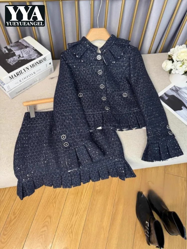 Light Luxury Lady Tweed Short Jacket Sets French Style Ruffled Turndown Collar Coat Matching Set Above Knee Mini Skirt Outfits