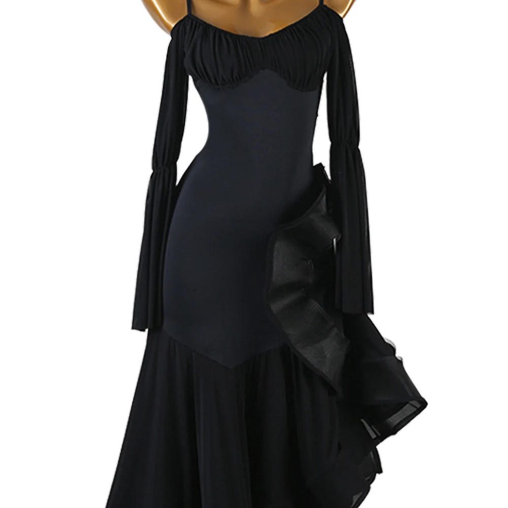 Walzer Ballsaal Wettbewerb Langarm Gesellschaftstanz Neue Wettbewerb Sling Flamenco Kleid Gesellschaftstanz Schwarz