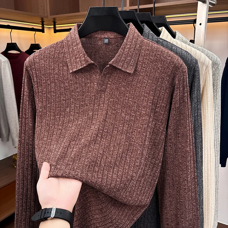 Herren-Pullover mit Polokragen und V-Ausschnitt, Strickpullover mit vertikaler Rippstruktur, langärmelig, weich, dehnbar, schmal geschnitten, Winter, Freizeit, Business, Herrenoberteile – Detail 8