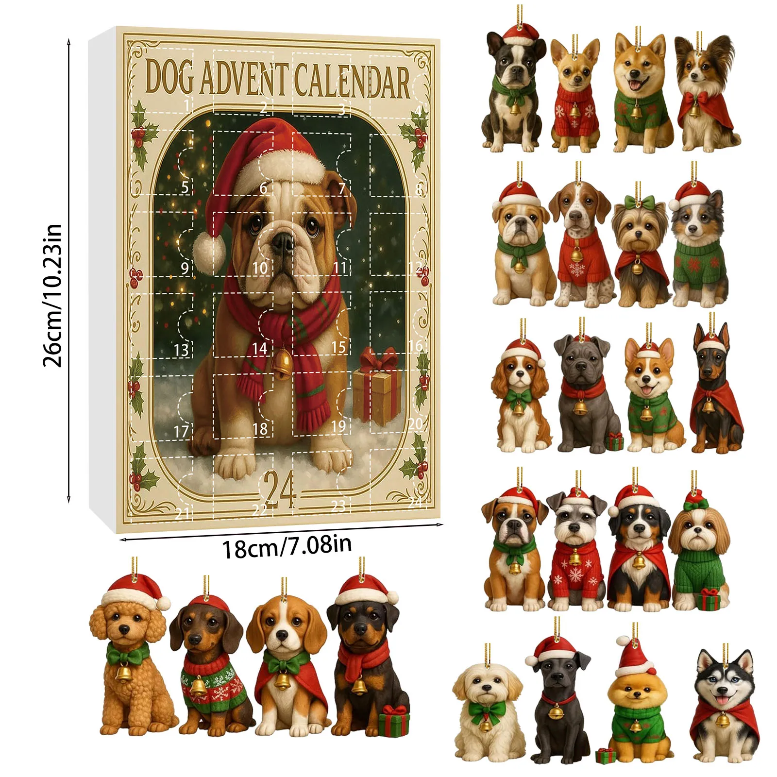 Giocattoli per bambini Decorazioni per l'albero di Natale appese Ciondolo per cani francesi in acrilico 2D Calendario dell'Avvento Temporizzatore da parete digitale di Natale grande