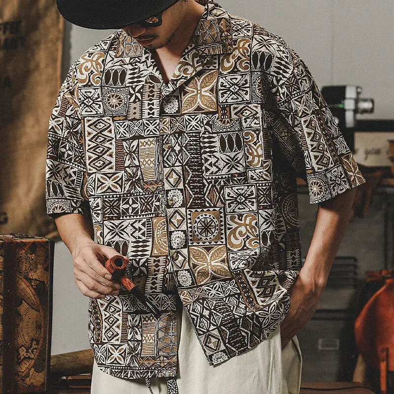 Korean Minimalist 2024 Summer New Men's Vacation Shirt Half Sleeveturn-down Collar Button Printed Loose Trendy All-match Tops