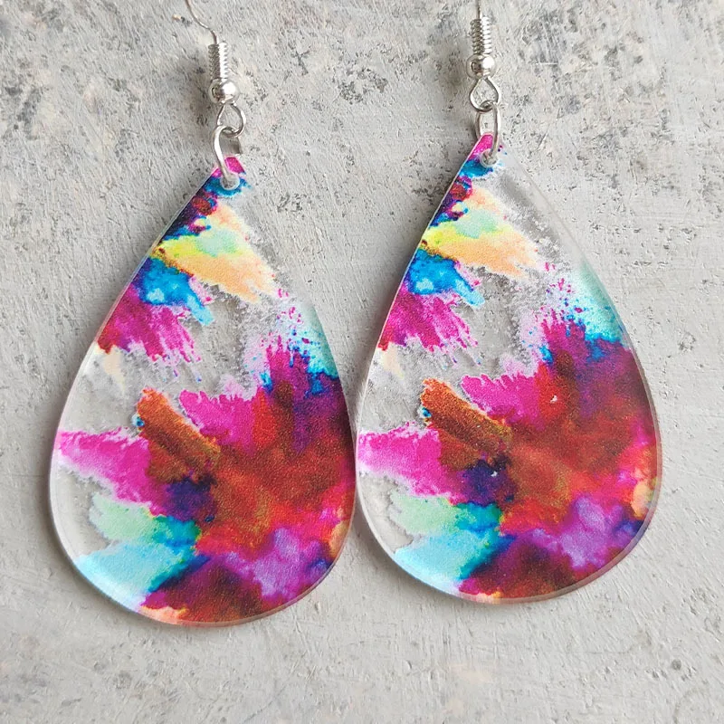 2022 Popular Women's Earrings Drop-shaped Transparent Acrylic Printed Color-dyed Smudged Colorful Trend Earrings for Women Girl