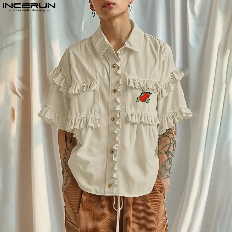 INCERUN Men Shirt Ruffle Flower Embroidery Lapel Short Sleeve Summer Men Clothing Streetwear 2024 Fashion Casual Male Shirts