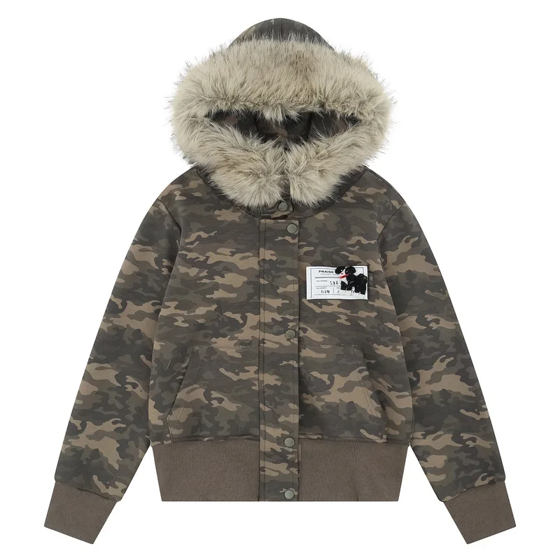 

American Vintage Camo Hooded Cardigan Unisex Autumn Winter New Short Jacket Detachable Fur Collar Military Outerwear
