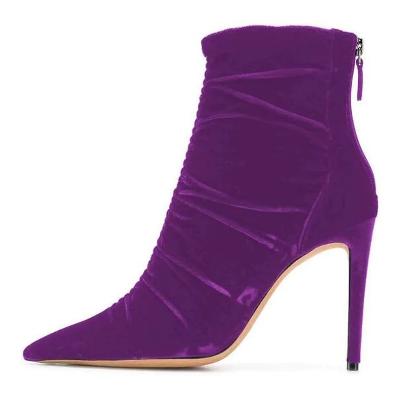 

Fashion Velvet Pleated Upper Stiletto Heel Ankle Boots Purple Red Black Pointed Toe Back Zipper Spring Autumn Female Footwears