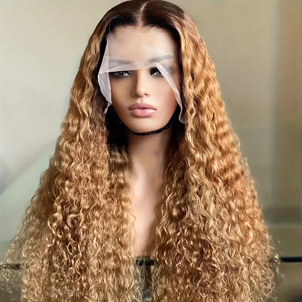 

26Inch Ombre Brown Kinky Curly 180Density Glueless Synthetic Long 13*4*1 Lace Front Wig For Women Babyhair PrePlucked Daily