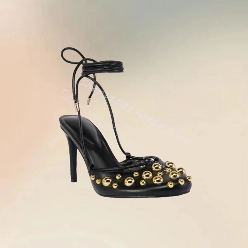 

Gold Rivets Decor Black Round Toe Twine Pumps Lace Up Women Shoes Thin High Heels Fashion Party Banquet 2024 Zapatos Para Mujere