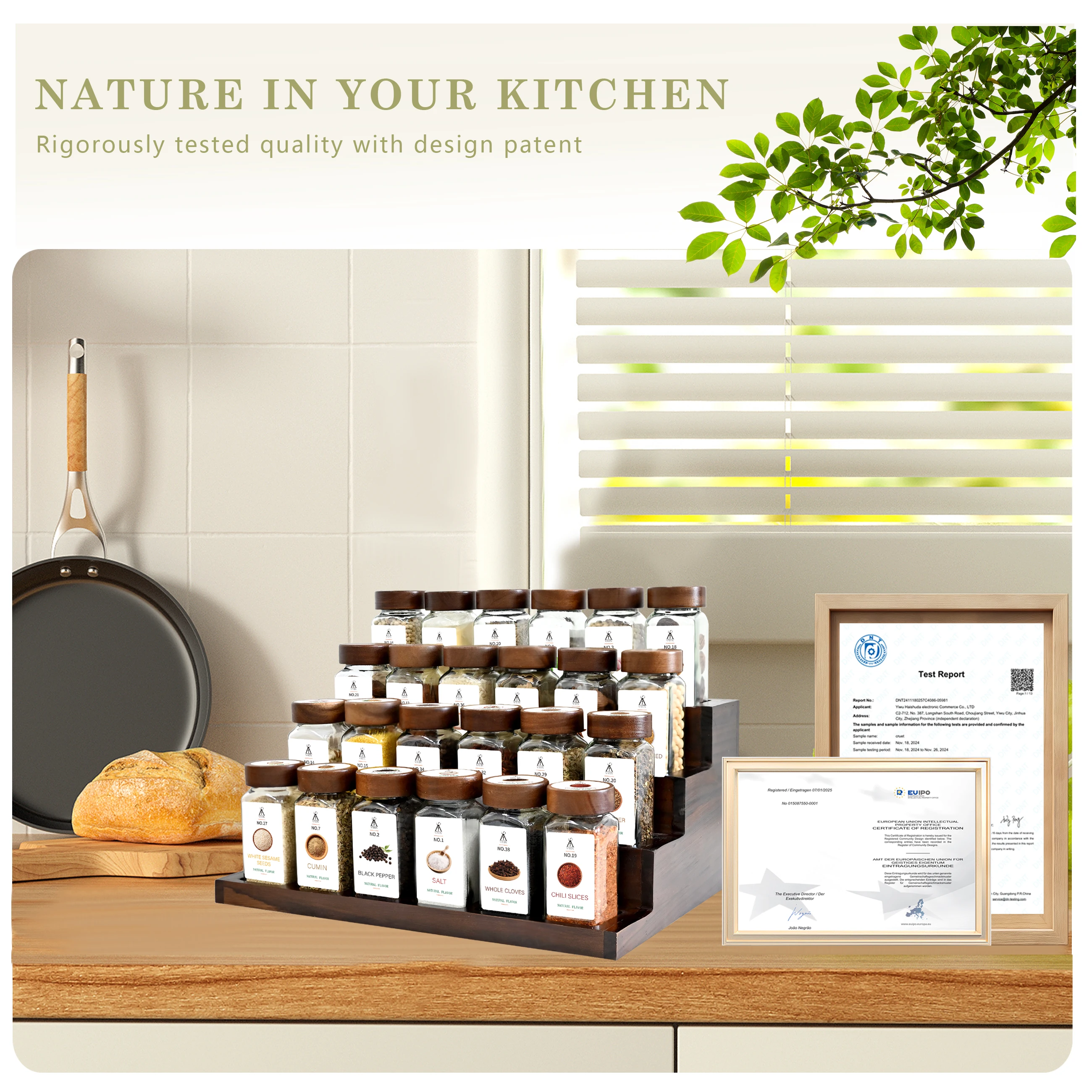 SIAZIH Set mit 24 x 120 ml Gewürzflaschen und einem 2-in-1-Akazienholztablett, 120 Etiketten für platzsparende Küchenorganisation – Detail 1