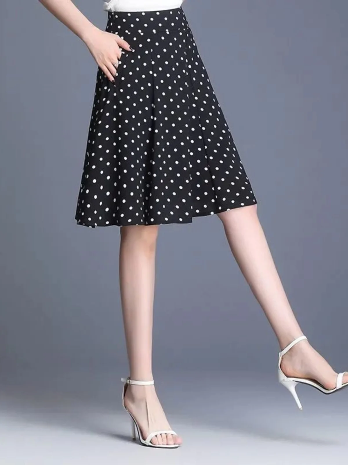 

High Waist A-Line Skirt Women's Summer Slimming Chiffon Polka Dot f-length Anti-lift ort Skirt Ele Commute Sle