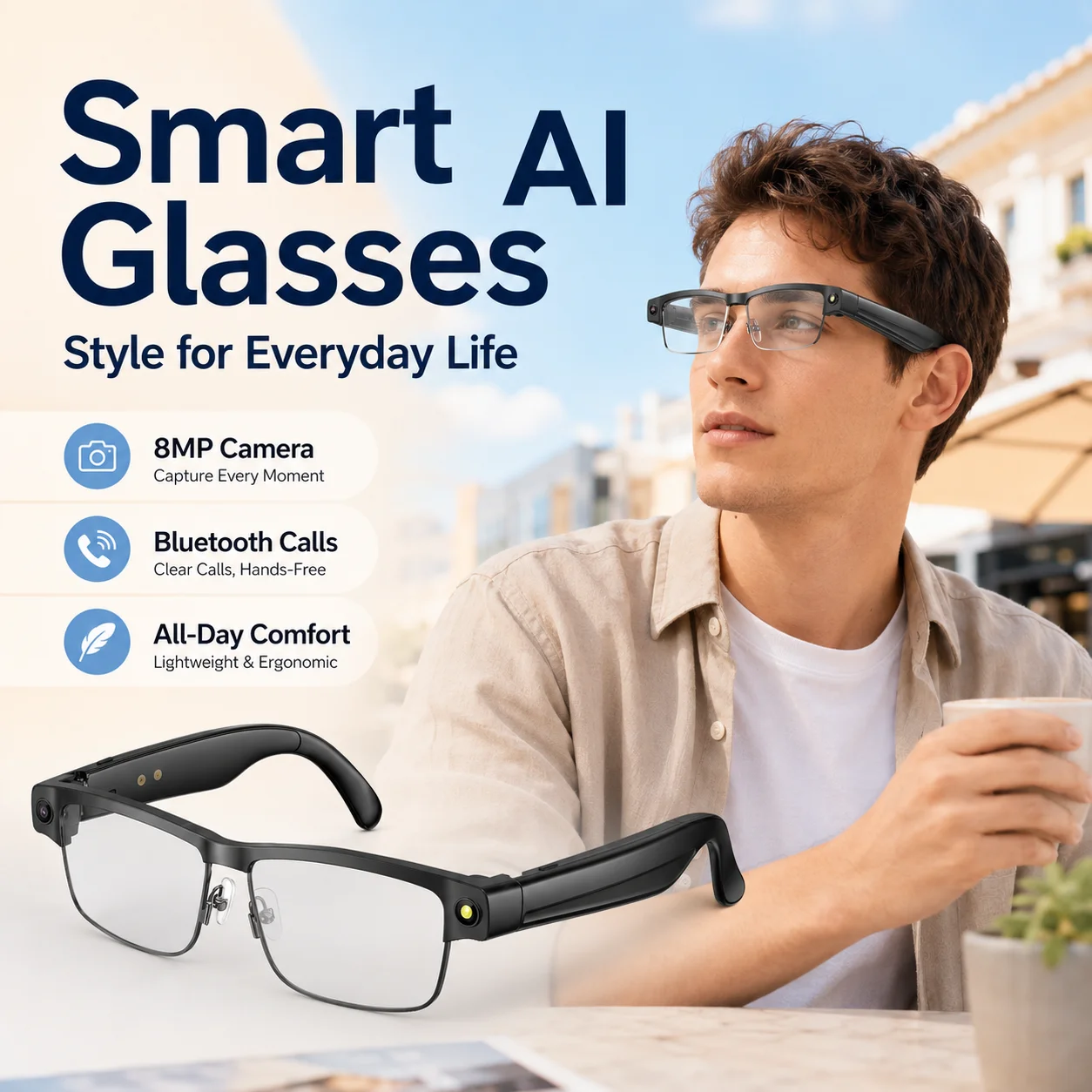 AI Smart Glasses 1200P HD Video Recording Camera Real-Time AI Translation Bluetooth Calling Music for Business Travel Daily Use