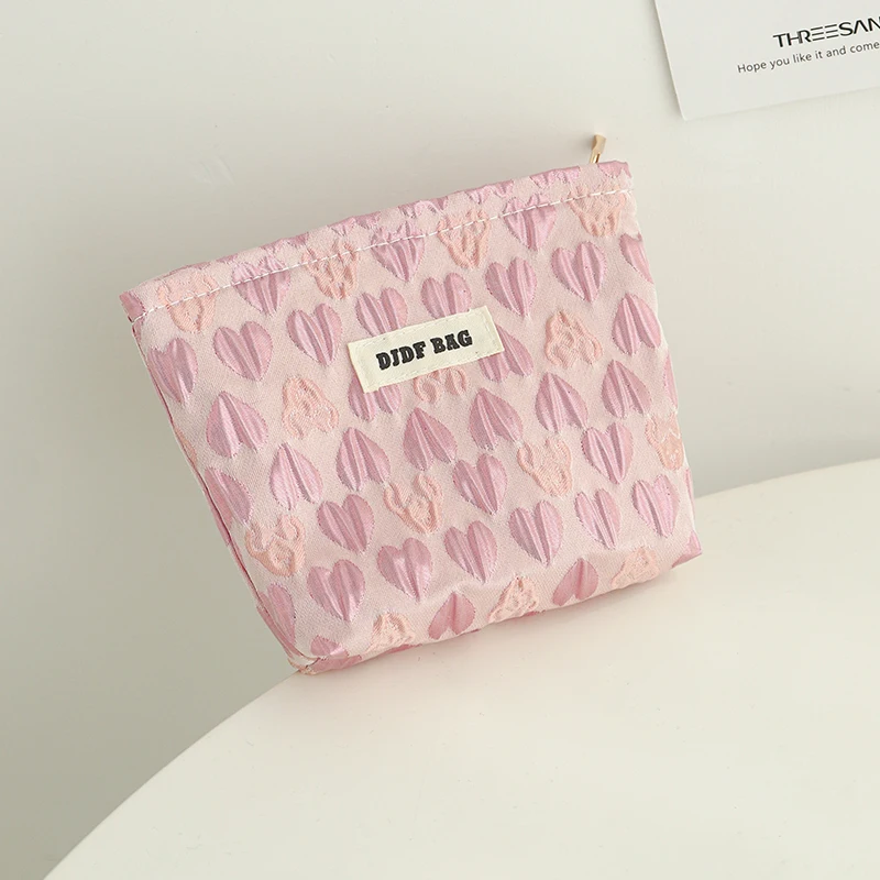 Women\'s Makeup Bag Small Pink Heart Large Capacity Lipstick Sanitary Napkin Storage Bag Portable Coin Purse Clutch Canvas Ins