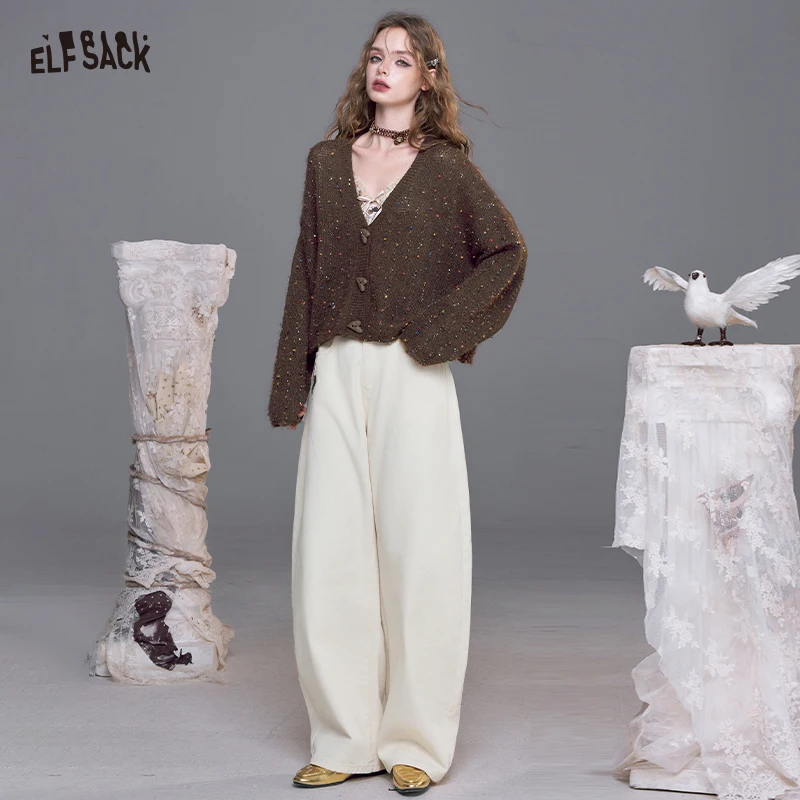 

ELFSACK 2025 Autumn New Arrivals Cute Casual Knit Color Accent V Neck Loose Cardigan Sweater For Woman