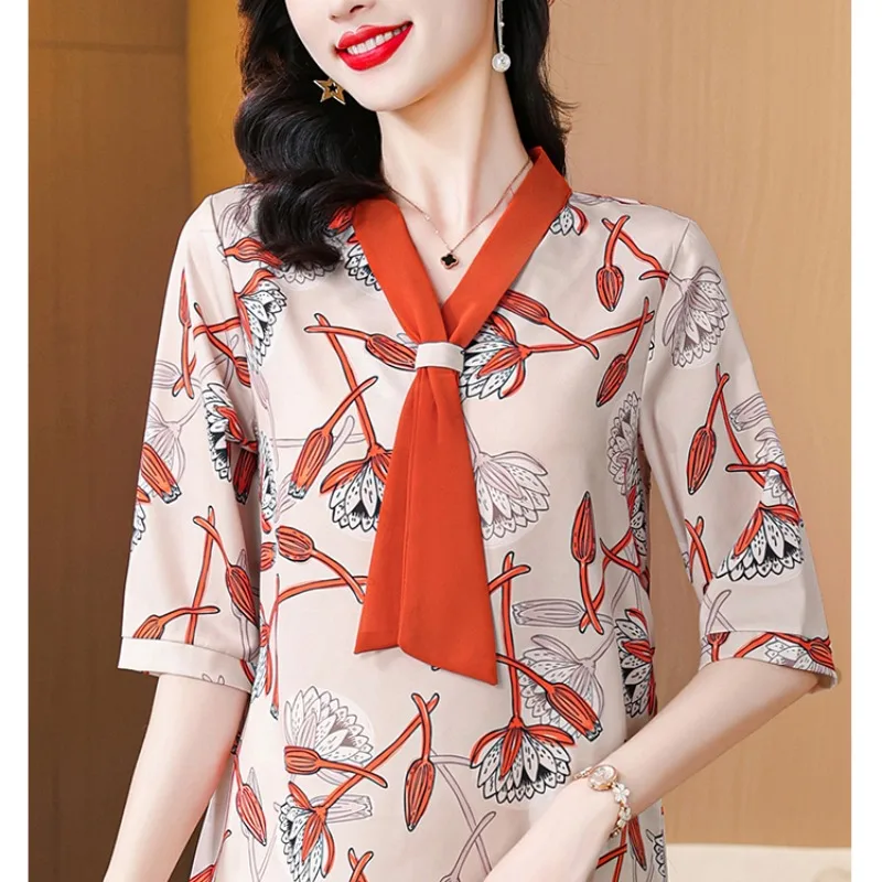 2024 New Fashion Elegant Women's Summer Printed Scarf Collar, Elegant and Casual Versatile Middle Sleeve Loose Shirt Tops