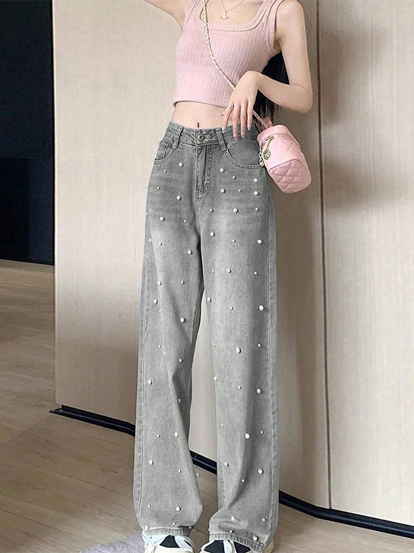 بنطلون جينز نسائي أنيق على الطراز الكوري مزين باللؤلؤ واسع الساق ضيق القص صيفي عصري مستقيم الساق