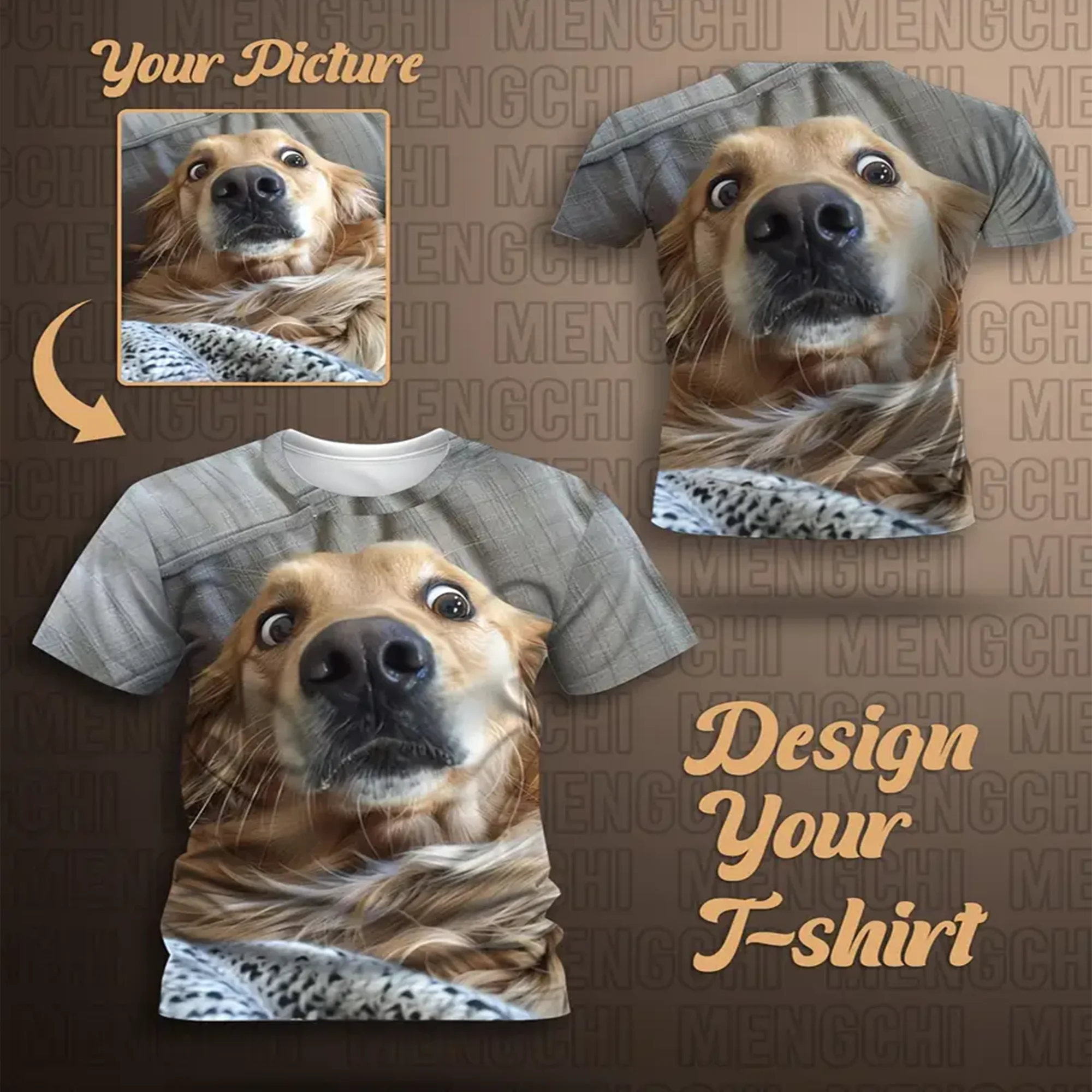 

Realistic pattern for men, custom your photo logo wholesale pullover loose fit T-shirt top, smooth and silky