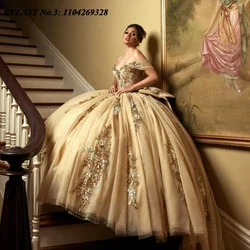 EVLAST Customized Glitter Champagne Quinceanera Dress Ball Gown Sequins Applique Beaded Bow Sweet 16 Vestido De 15 Anos E3Q442