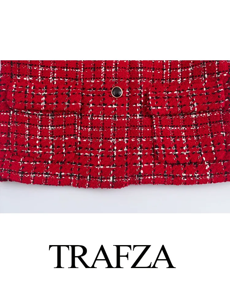 TRAFZA 2024 Autumn Woman Long Sleeves Coat Women Vintage Red Texture Single Breasted Pocket Lapel Decorate Jacket Coat