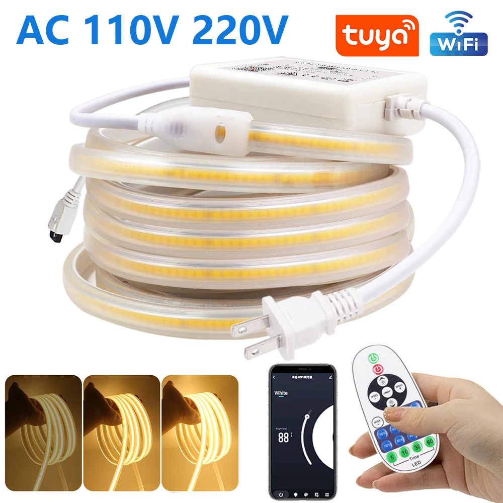 

110V 220V COB LED Strip Light 288LEDs/m Flexible Outdoor Garden Lamp Tuya Wifi 23Key Remote Power Kit Waterproof Led Tape