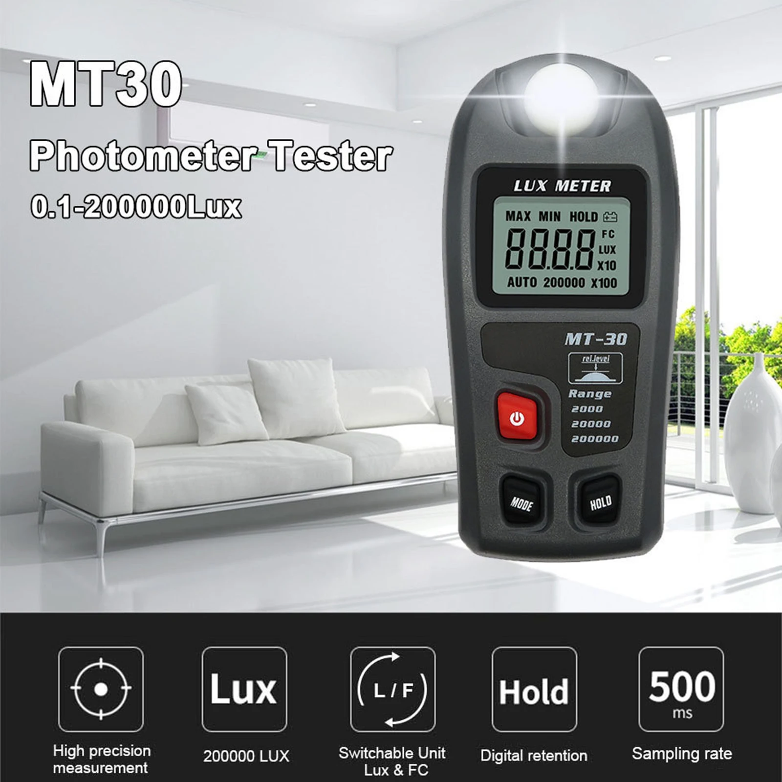 Photometer Tester MT30 Large-range Digital Illuminance Meter Portable Visible Photometer Ambient Brightness Illuminance Meter