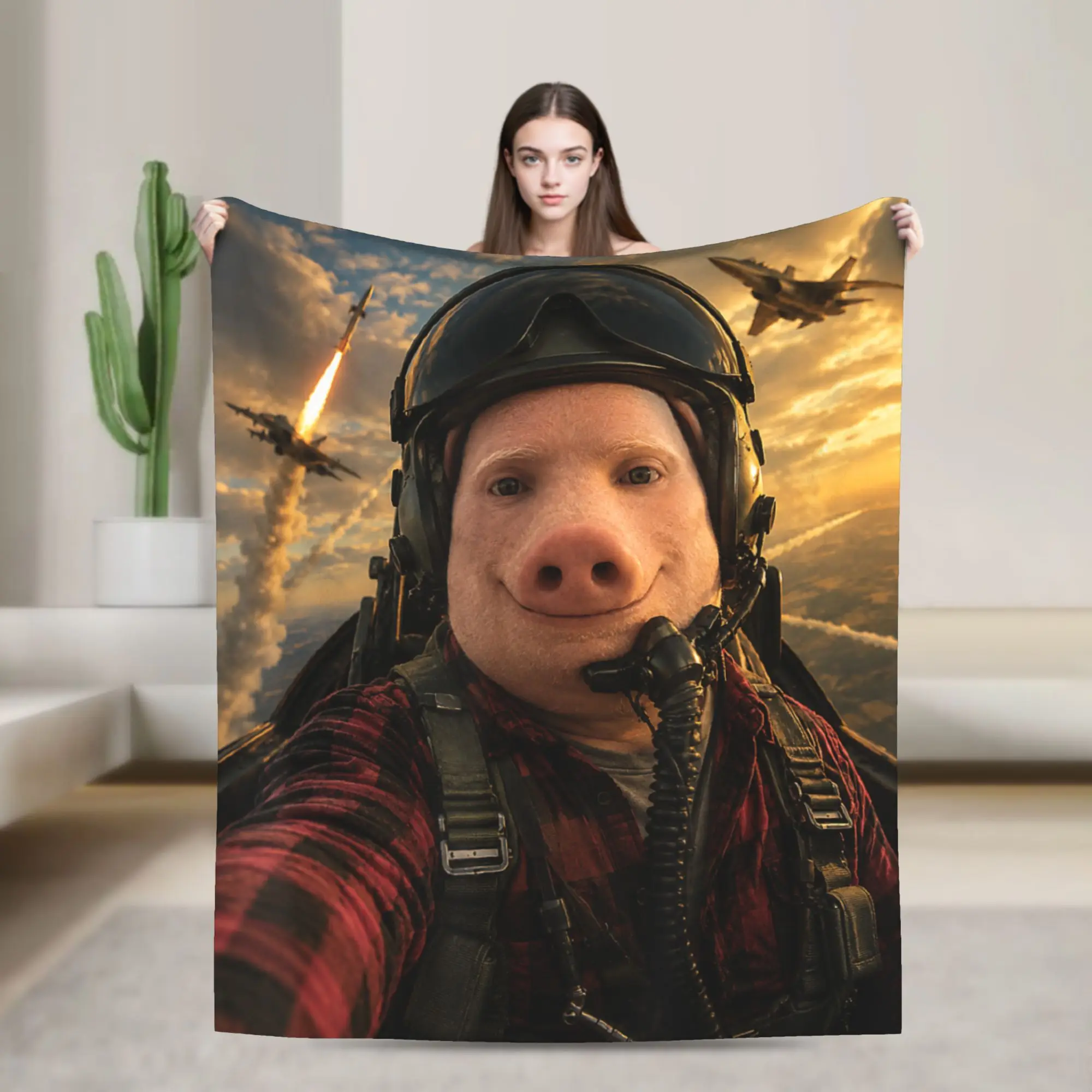 John Pork Fighter Pilot Selfie Funny Memes Dank Art Brainrot Blanket Soft Throw Blanket Autumn  Chair Sofa Bed Trend Bedspread