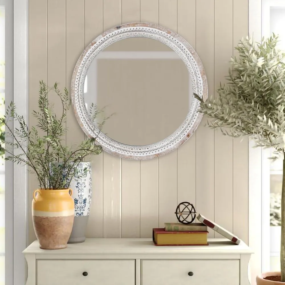 24''Round Mirror,Wood Circle ,Boho Mirrors,Decorative Wall,Rustic Vanity Mirror,Distressed Mirror for Bedroom, Bathroom Entryway