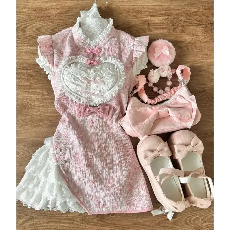 

Милое милое платье Cheongsam со скидкой для девочек, винтажное платье Cheongsam в китайском стиле с принтом + фартук для косплея, женские комплекты из двух предметов, костюмы Y2k