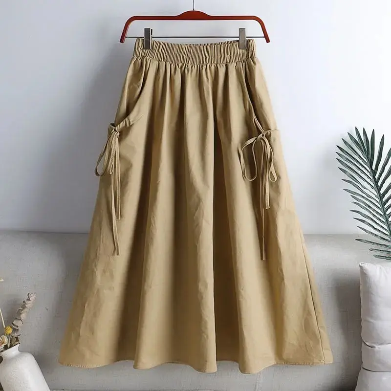 

2023 New Women's Mid-Length A-Line Skirt Utili Pure Color Dstring ket f Skirt Korean Sle plus Size Workwear