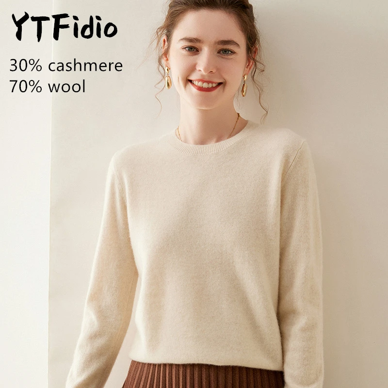 YTFidio-Pull en cachemire à manches longues et col rond pour femme, pull en laine mérinos, pulls décontractés, tricots solides, automne, Y-100