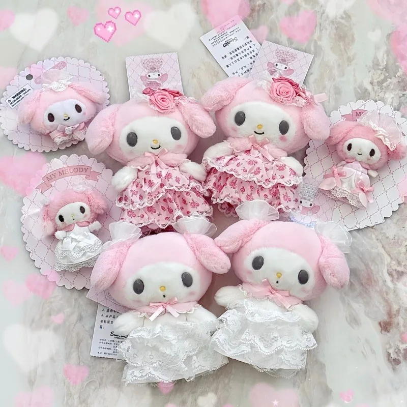 

Sanrio My Melody Birthday Series Plush Doll Wedding Dress Floral White Tulle Skirt Cute Cartoon Melody Stuffed Toy Pendant gift