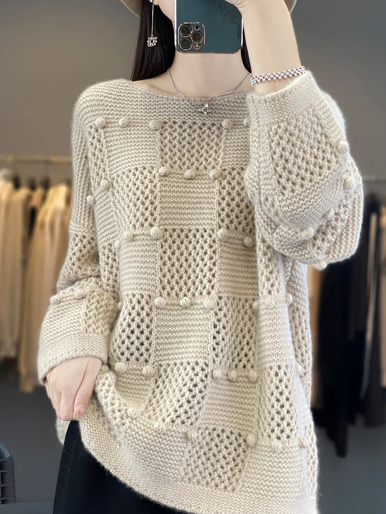 New Arrivals Hollow Out Women\'s Sweater 100% Cashmere O-Neck Pullover Loose-fitting Knitted Jumpers Lady Clothing Fashion Trends