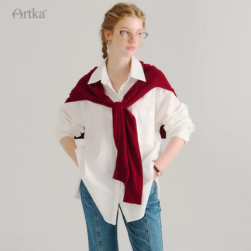 ARTKA 2024 Autumn New Women Shirt Fashion Casual Long Sleeve Shirts With Wool Shawl 2 Piece Set 2 Colors Loose Blouse Female SA9