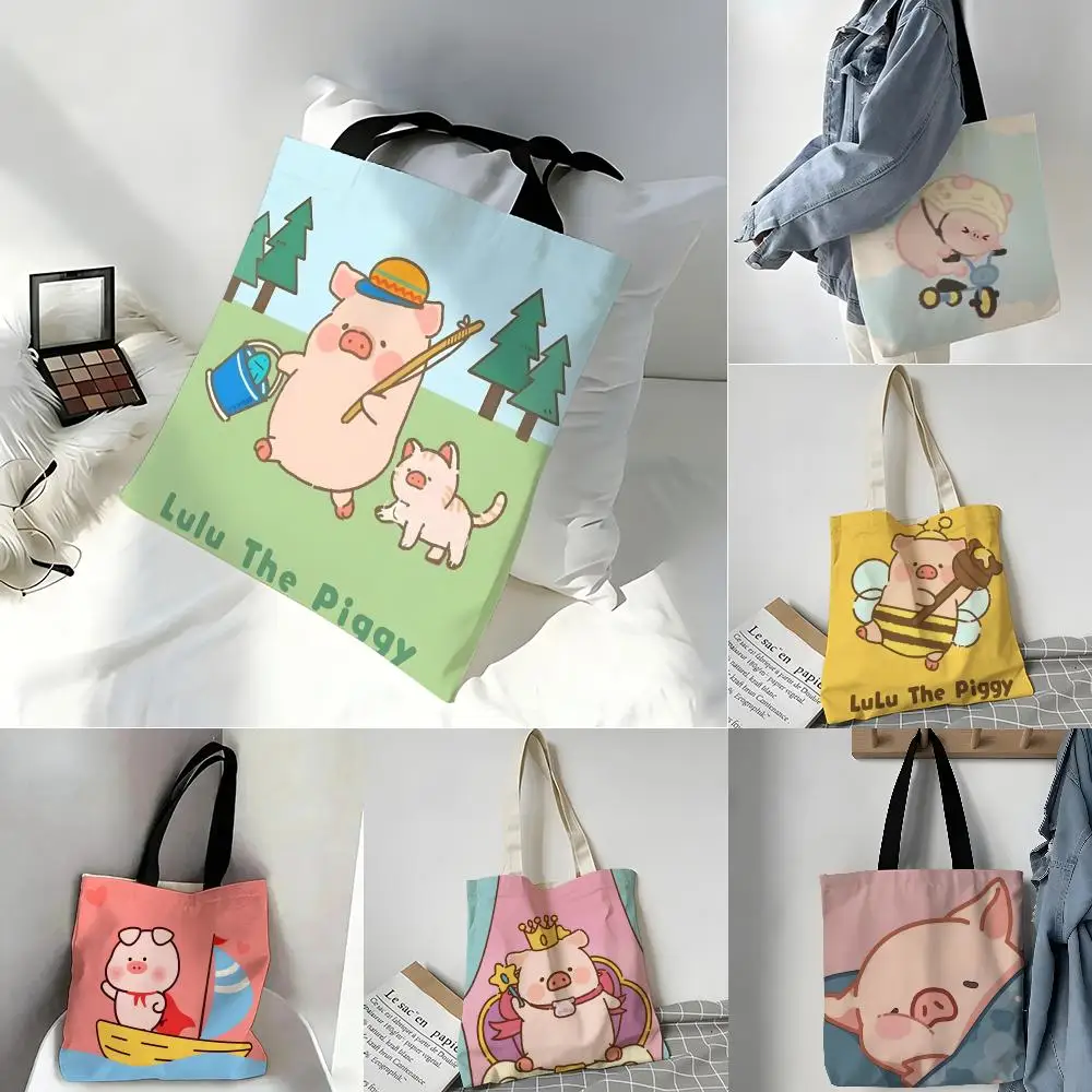 Storage Bags Casual Portable Shoulder Bag Lightweight Shopping Bag Reusable Linen Bag Cartoon Cute Pink L-Lulu Pig
