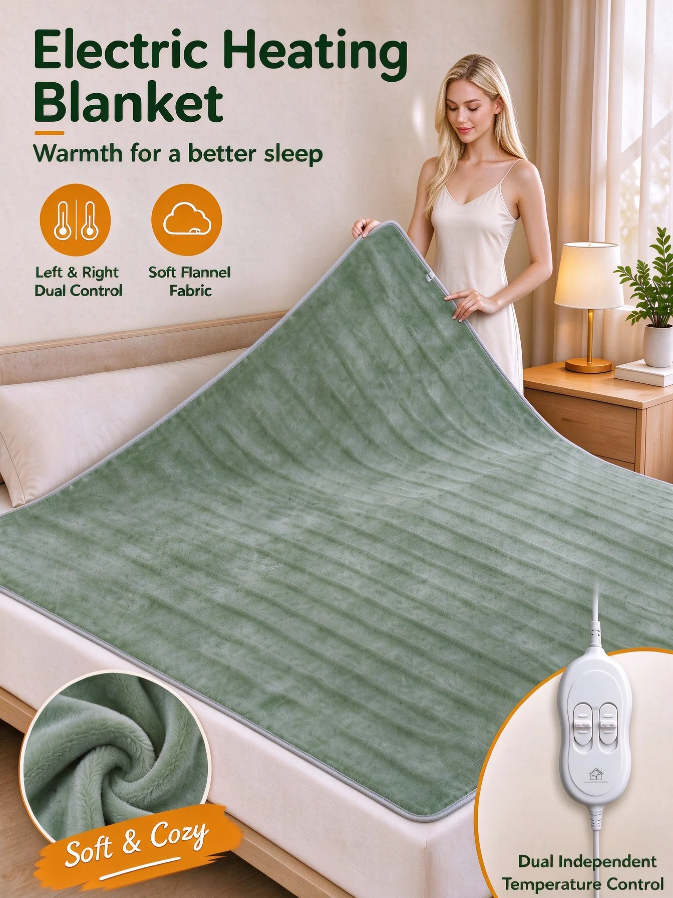 Flannel Electric Heated Blanket Dual Zone Left & Right Separate Control Fast Even Heating Ultra Soft Warm Heating Blanket
