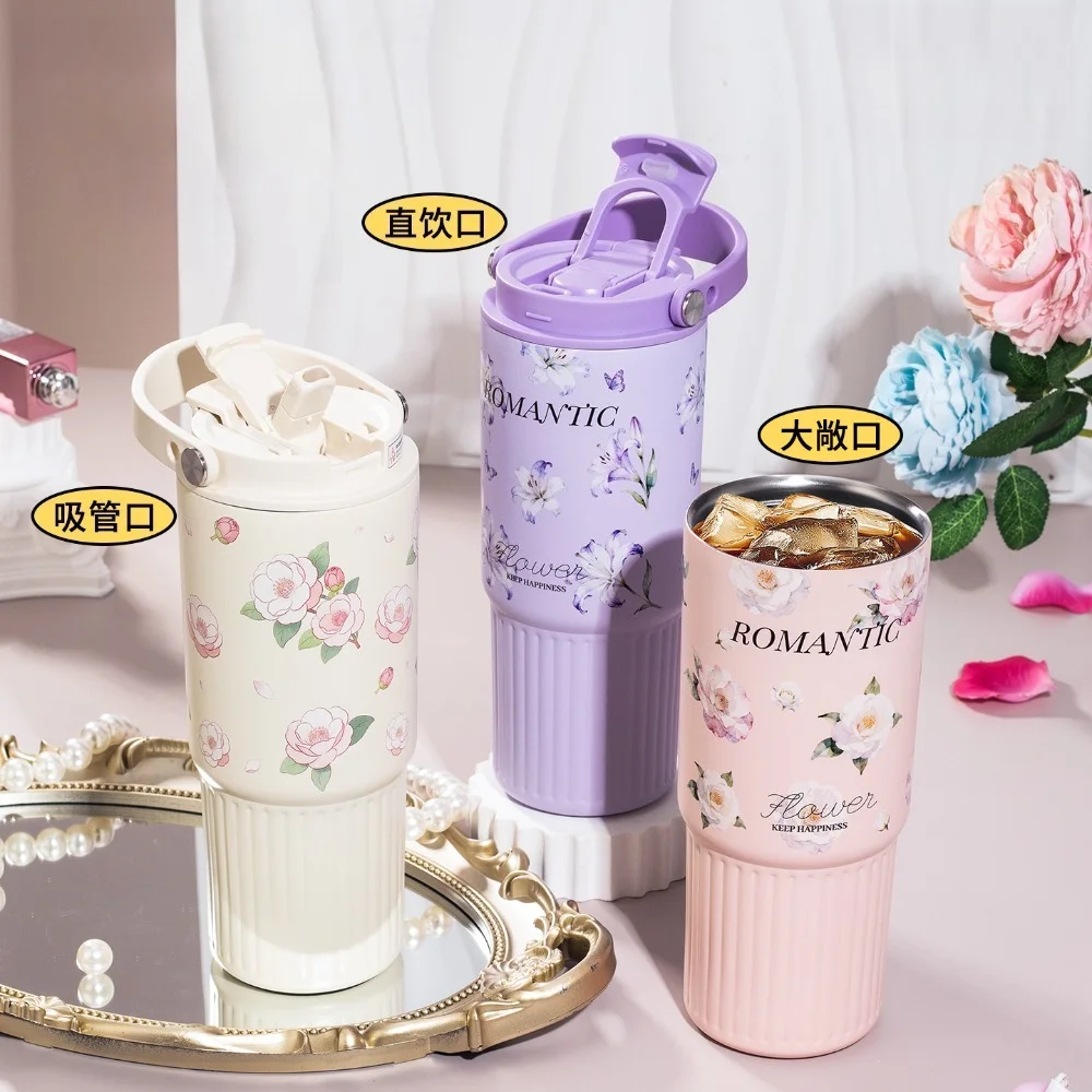 860ml Large Capacity Insulated Water Bottle Dual Drink 304 Stainless Steel Tumbler Portable Handle Coffee Cup for Office Travel