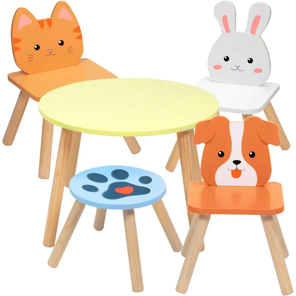 

Kids Wooden Animal Table & Chair Set w 4 Seats- Puppy Kitten Bunny Plus Adult Stool or Arts & Crats, Coloring, Activity, Dining,