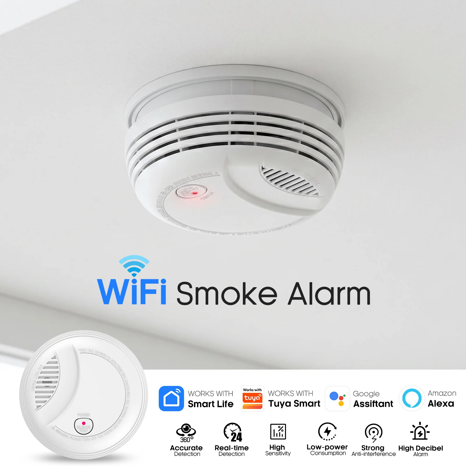 WiFi Smoke Detector 360° Detection App Remote Control Photoelectric Smoke Sensor Fire Detection for Home Security