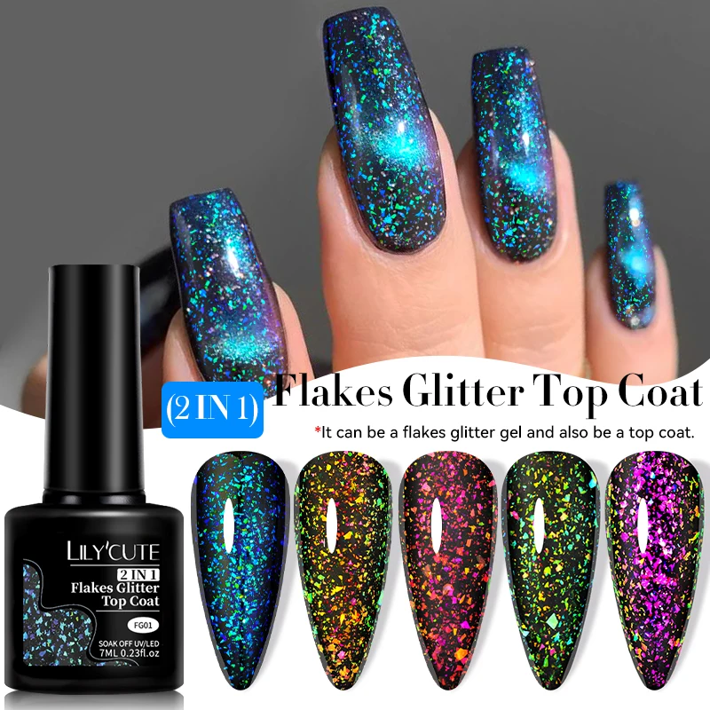 LILYCUTE 2 IN 1 Flakes Glitter Top Coat Gel Polish Nail Art Vernis Semi Permanent UV Gel Sparking Aurora Gel No Wipe Top Coat