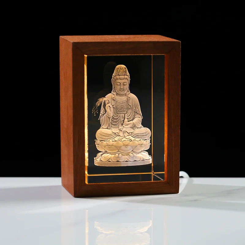 

Fengshui Statue Buddhist Avalokitesvara Model Patron Saint Figurine LED Wood Frame Religious Ornament Gifts Home Decoration