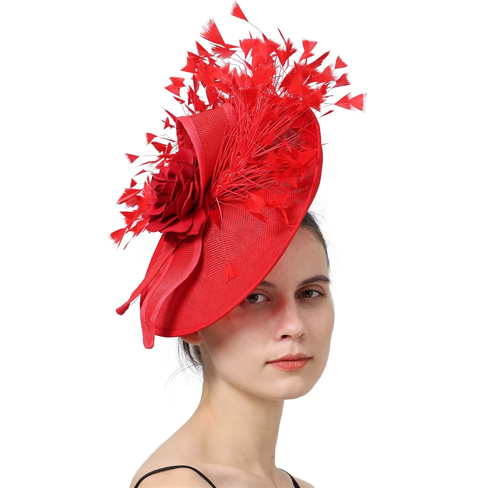 Elegant Red Feather Fascinator Wedding Bridal Hairclip Hat For Party Cocktail Headpiece Lady Floral Pattern Headwear