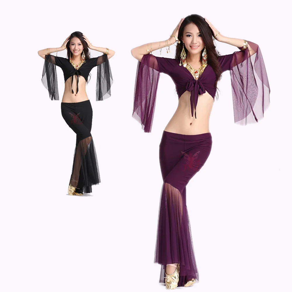 HOT SALE! mesh speaker sleeves belly dance set women 2pcs top and Five point trousers belly dance suit 12colors M and L