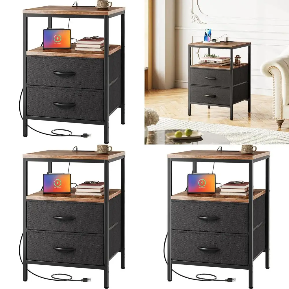 

Прикроватная тумбочка высотой 27,7 дюйма с 2 ящиками, ящики с тканевой обивкой, в деревенском стиле, коричнево-черная, для спальни или гостиной